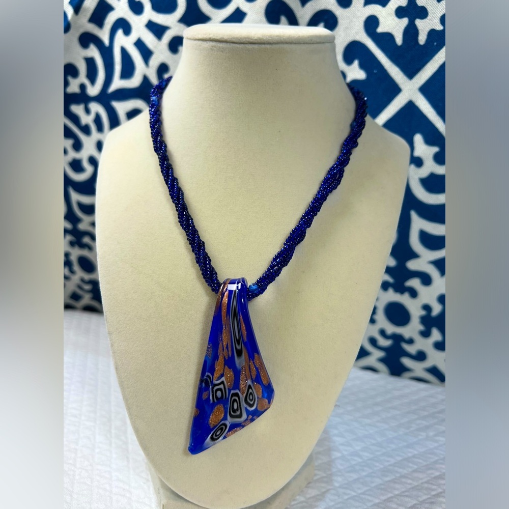 The Artesian Collection Blue Glass Seed Necklace and Blue Glass Pendant